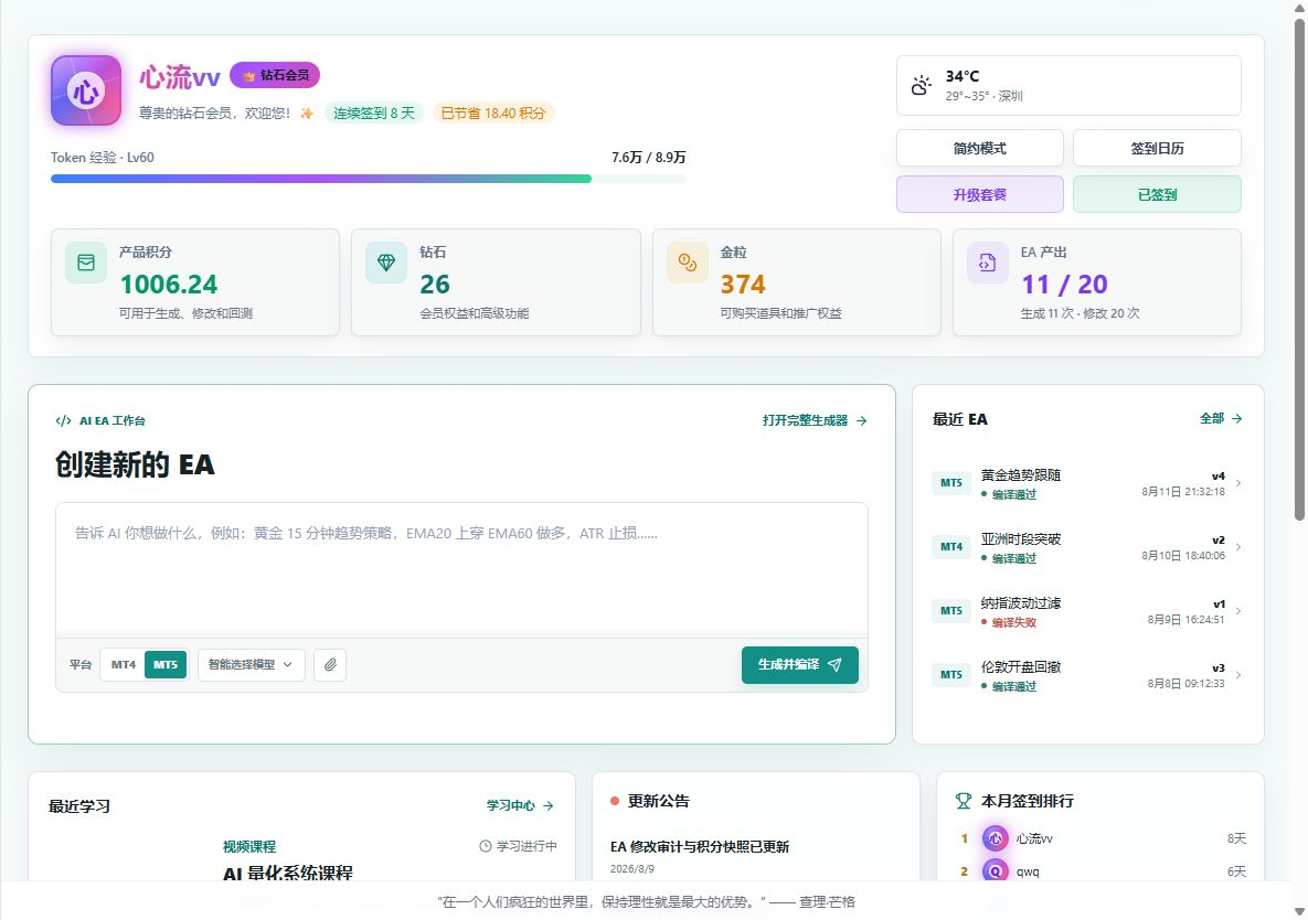 深算 Quant 首页工作台界面